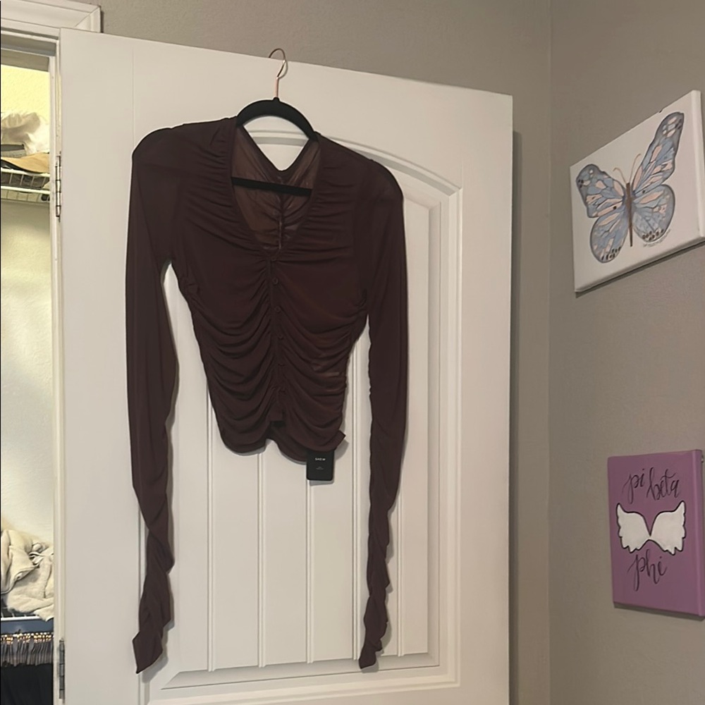 Chic Brown Ruched Tie Front Blouse